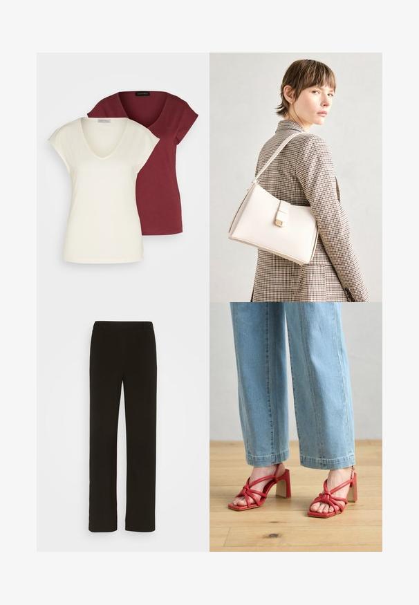 Due magliette a collo a V: una in crema con maniche corte, l'altra in bordeaux. Entrambe sono realizzate in morbido tessuto di cotone e hanno una vestibilità comoda.; Pantaloni neri a gamba dritta realizzati in tessuto intrecciato, con parte anteriore piatta, due tasche laterali e una superficie liscia. Nessun motivo o decorazione visibile.; Sandali rosso con tacco, con cinturini annodati e design aperto sulla punta. Forma quadrata della punta e tacco a blocco spesso. Indossati con jeans a gamba larga di colore azzurro chiaro.; Borsa a mano in pelle bianca con un design strutturato, presente di un clasp magnetico e una tracolla, esposta su uno sfondo neutro.; Orecchini a cerchio in argento con una finitura liscia e lucida. Forma rotonda e chiusura a scatto sicura. Design leggero adatto per l'uso quotidiano.