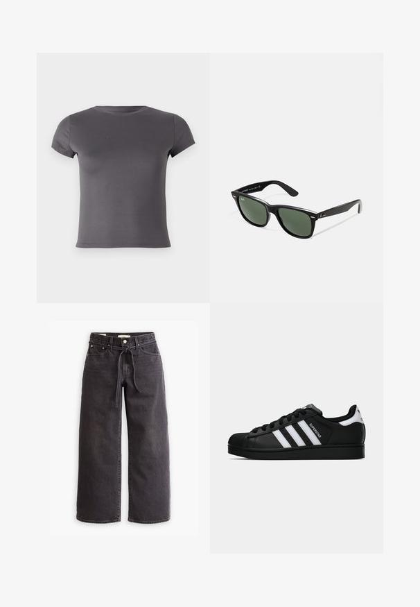 Szürke, rövid ujjú póló sima anyagból, kerek nyakkivágással és testhez álló fazonnal, látható minták vagy díszítések nélkül.; Fekete, bőszárú farmernadrág, állítható derékkal, öt zsebbel és kontrasztos varrási részletekkel. Lapos elülső dizájn.; Fekete Adidas Superstar sportcipő fehér csíkokkal, kagyló orral és "Superstar" felirattal az oldalán, oldalról bemutatva, fehér háttér előtt.; Fekete műanyag napszemüveg zöld lencsékkel, négyzet alakú kerettel, ezüst díszítéssel a keret felső részén, valamint texturált szárakkal. A márka neve a belső száron található.