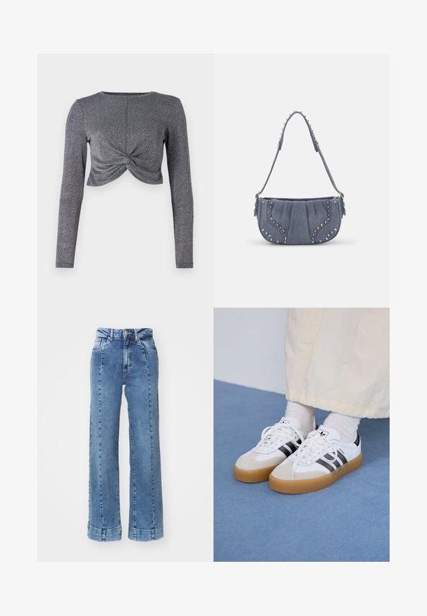 Hõbedane pikakä sleeves cropped top, millel on keeratud esitlussuurus, esitades tekstuuriga, sädelevat kangast, mis lisab sära ja mõõtmeid.; Heledad sinine denim laiad püksid kõrge vöökoha ja ees olevate taskutega, millel on õmblusdetailid. Alläär on keeratud ja õmmeldud.; Valged tossud mustade triipudega ja beeži nahaga aktsentidega. Omavad tekstuuriga kummist talla ja lamedaid valgeid paelu, kantud heledate sokkidega.; Denimi õlavarre kott volditud disainiga, sinine värv, hõbedased nupud äärtes ja tekstuuriga rihm.