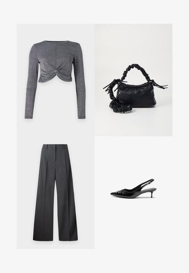 Srebrna kratka jakna s dugim rukavima i uvrnutim prednjim dijelom, izrađena od teksturirane, šljokičaste tkanine za dodatni sjaj i dimenziju.; Hlače širokih nogavica u tamnosivoj tkanini, s visokim strukom, jednim naborom i glatkom teksturom s urednim završetkom na rubovima.; Crne kožne sandale na petu s ikkrenim nosom, malom kitten petom i dekorativnom mašnom sprijeda. Glatka tekstura svuda.; Crna torba od umjetne kože s teksturom krokodila, s cinčanim vrhom i naboranom trakom. Izgleda mekano i kompaktno u dizajnu.
