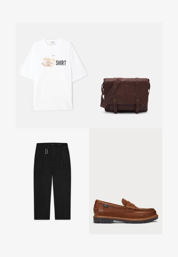 T-shirt oversized branca com um gráfico colorido de uma chávena de chá com detalhes florais e a palavra "SHIRT" em letras pretas em negrito logo abaixo.; Calças pretas com um design de perna reta, apresentando um clip de carabina em metal prateado e dois bolsos laterais. Feitas de um tecido suave.; Mocassim de couro castanho com costura decorativa e bico texturizado. A sola apresenta um design robusto, oferecendo tração e durabilidade.; Mala mensageiro de couro castanho com uma aba frontal plana, duas correias, detalhes em metal dourado e uma alça de ombro ajustável.
