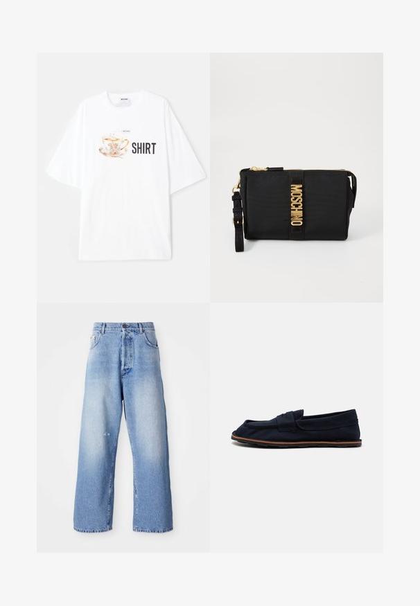 Camiseta blanca de gran tamaño con un gráfico colorido de una taza de té con detalles florales y la palabra "CAMISETA" en letras negras en negrita debajo.; Jeans de mezclilla de pierna ancha azul claro con un acabado desgastado, que cuentan con un cierre de botón, lazos para cinturón y un ligero desgaste cerca de la rodilla.; Zapato de barco de lona azul marino con suela plana, una correa cosida en el empeine y detalles de goma marrón en la suela para mayor tracción.; Clutch de nylon negro con herrajes dorados, que presenta una franja central con el logo. Incluye una correa detachable y cierre con cremallera para un uso seguro.