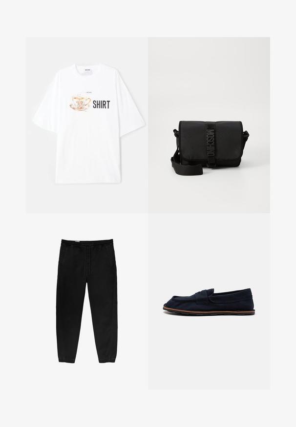 Hvid oversized t-shirt med et farverigt tekrus grafik med blomsterdetaljer og ordet "SHIRT" i fede sorte bogstaver nedenunder.; Sorte elastiske bukser med snøre i taljen, tapered ben, sidelommer og subtile side-syning detaljer. Blød bomuldsstof struktur.; Mørkeblå lærred bådsko med flad sål, en syet rem over vristen og brune gummidetaljer på sålen for bedre greb.; Sort nylon crossbody taske med en klap, prydet med en fremtrædende logo-rem lukning, justerbar rem og sidelægninger.