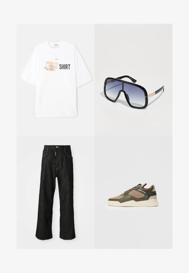 Biele oversized tričko s farebnou grafikou čajového hrnčeka a kvetinovými detailmi, pod ktorým sú tučnými čiernymi písmenami napísané slová "TRIČKO".; Čierne rovné džínsy so žltým prešívaním, s piatimi vreckami, so zapínaním na gombík a malou červenou nášivkou na prednom pravom vrecku.; Béžové a zelené nízke tenisky s perforovanými stranami, bielou podrážkou, šnurovaním vpredu a značkou "FILLING PIECES" na bočnom panely.; Prehnané čierne slnečné okuliare so gradientnými fialovými sklami, lesklým povrchom a zlatými akcentmi na ráme. Rám je obdĺžnikového tvaru.
