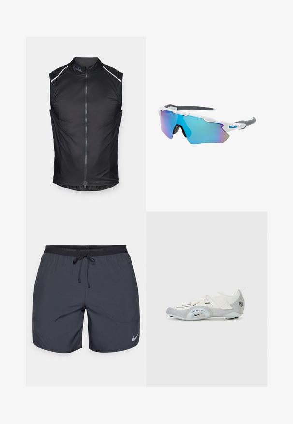 Černá cyklistická vesta bez rukávů s předním zipem, reflexní prvky na ramenou a lehká tkanina pro prodyšnost.; Běžecké šortky Nike v tmavě šedé barvě, se zakončením na gumu a tkaničkou a stříbrným logem na dolní části pravé nohavice.; Bílé a stříbrné cyklistické boty s síťovinou, texturedními detaily, nastavovacími pásky a gumovou podrážkou pro přilnavost a stabilitu.; Sluneční brýle s bílým rámečkem, šedými akcenty a modrými zrcadlovými čočkami. Sportovní design, obepínající tvar a nastavitelné nosní podložky.