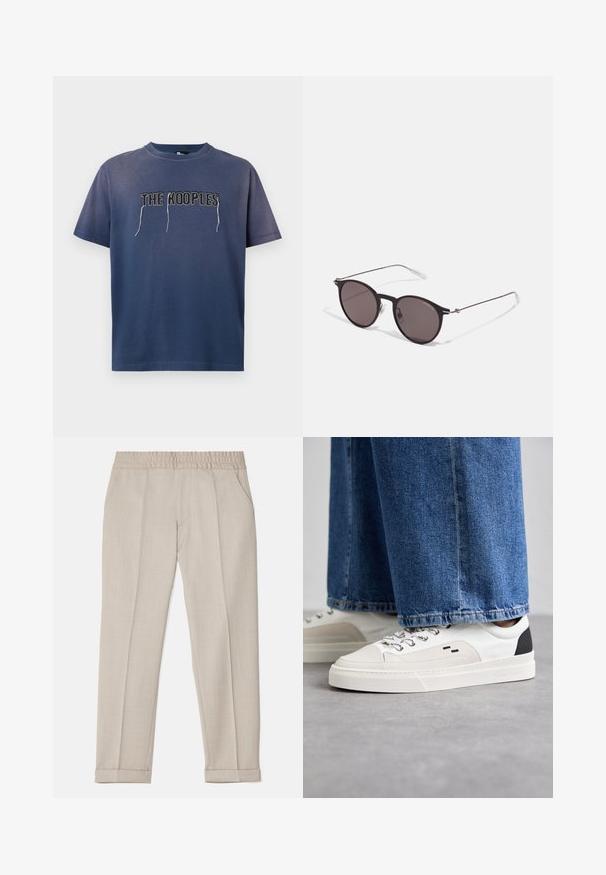 Mørkeblå bomull T-skjorte med korte ermer, med brodert tekst "THE KOOPLES" i kontrastfarge foran. Enkelt design, avslappet passform.; Filippa K TERRY CROPPED TROUSERS - Bukse - sage melange; Hvite og svarte joggesko med en glatt læroverdel, teksturerte detaljer og en kraftig hvit såle. Har en klassisk snøring.; Sorte, runde solbriller med mørke linser og slanke metalarmer. Inkluderer klare temple tips og sølvfargede detaljer ved hengslet. Minimalistisk design.
