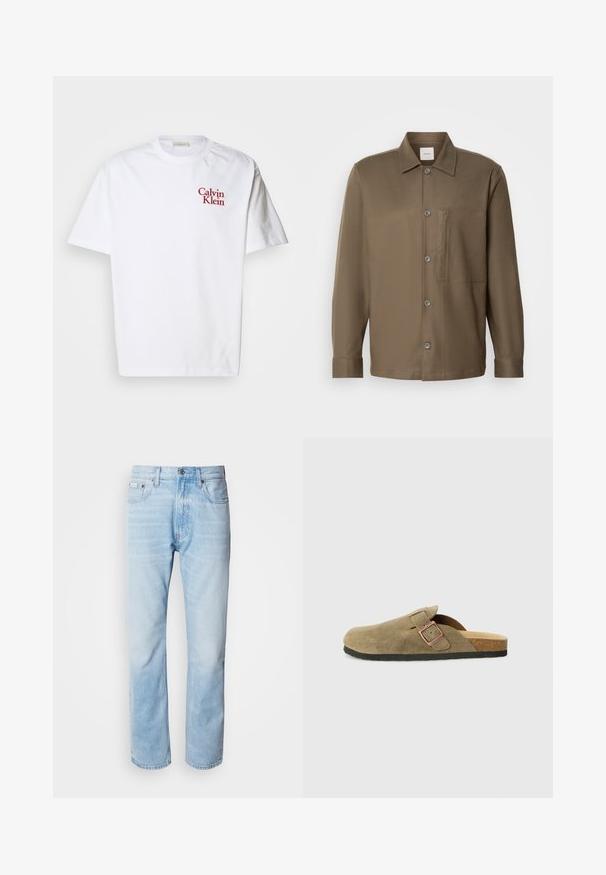 Bílá bavlněná tričko s kulatým výstřihem, krátkým rukávem a červeně vyšívaným logem "Calvin Klein" na hrudi.; Hnědá košile na knoflíky s límečkem, dlouhými rukávy, náprsní kapsou a hladkým povrchem. Obsahuje šedé knoflíky na přední straně.; Světle modré džíny s rovnou nohavicí, s vybledlými částmi, pěti kapsami a klasickým zapínáním na knoflík.; Semišová pantofle ve stylu dřeváků v olivově zelené barvě s úzkým páskem a kovovou přezkou. Má korkovou stélku a černou gumovou podrážku.