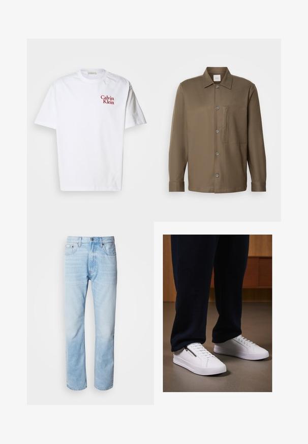 Hvit bomull t-skjorte med rund hals, korte ermer og rødt brodert "Calvin Klein"-logo på brystet.; Brun skjorte med knappestolpe, krage, lange ermer, brystlomme og glatt tekstur. Har grå knapper langs fronten.; Lyseblå denimjeans med strak benkutt, med falmede seksjoner, femlommerdesign og en klassisk knappestol.; Hvite joggesko med en glatt lærfinish, flat såle og snøring. Sidelommer med glidelås gir funksjonalitet. Kombinert med mørke joggebukser.