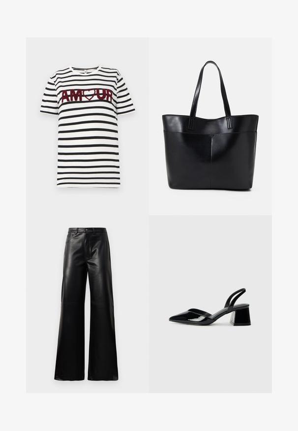 Bílé tričko s černými vodorovnými pruhy. Obsahuje bordó vyšívaný text "AMOUR" se srdíčkem uprostřed. Krátké rukávy.; Černé kalhoty s vysokým pasem a širokými nohavicemi z umělé kůže, s předním knoflíkem, zipovým zapínáním, poutky na pás a bočními kapsami na bílém pozadí.; Černé lakované kožené lodičky na pásku s špičatou špičkou a geometrickým blokovým podpatkem. Vyznačují se elegantním, minimalistickým designem a hladkým povrchem.; Černá kožená taška s dlouhými ušima, hladkým povrchem a strukturovaným tvarem. Obsahuje přední kapsu pro další úložný prostor.