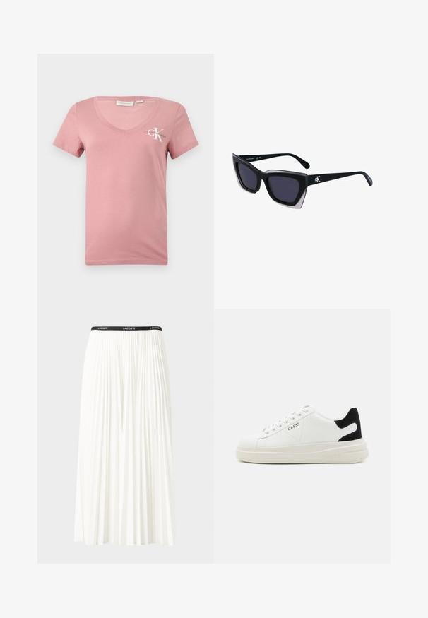 Rožinė medvilninė V formos iškirptės marškinėliai su trumpomis rankovėmis, su balta Calvin Klein logotipu ir raide "K" kairėje krūtinės pusėje. Lygi tekstūra.; Pleated balta sijonas su juodu elastiniu juosmeniu, ant kurio yra "LACOSTE" logotipas. Vidutinio ilgio dizainas su švelnia tekstūra.; Baltos odinės sportbačiai su storu baltu padu, juodu nubuko kulno akcentu ir iškilmingu logotipu šone. Su raišteliais, turinčiais šešis akinius.; Juodos didelės saulės akinių su geometrine forma, turinčiais tamsius objektyvus ir kontrastingą pilką detalę ant rėmelio. Logotipas ant šalon.