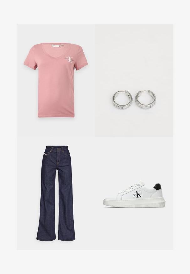 Růžové bavlněné tričko s výstřihem do V a krátkými rukávy, s bílým logem Calvin Klein a písmenem "K" na levé části hrudi. Hladká textura.; Tmavě modré džíny s širokým střihem vyrobené z denimové tkaniny, s vysokým pasem, oranžovým prošíváním, pěti kapsami a zapínáním na knoflík.; Bílé nízké tenisky s černým patním tabem, platformovou podrážkou, tkaničkami a logem Calvin Klein "CK" na boku.; Stříbrné kruhové náušnice s texturovaným designem a vertikálními drážkami. Kulatý tvar s pevným uzávěrem. Hladký povrch.