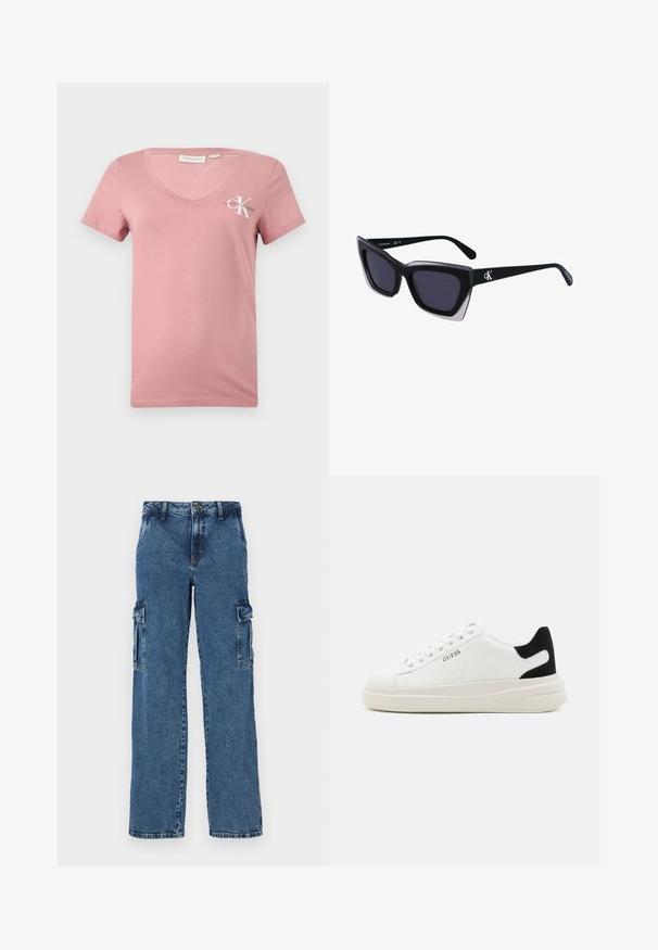 Roza bombažna majica s kratkimi rokavi v izrezom v obliki V, ki na levem predelu prsi prikazuje belo logo Calvin Klein in črko "K". Gladka tekstura.; Modre denim cargo hlače z ohlapnim krojem, ki imajo dve stranski žep, ojačane šive in ravno nogo.; Bele usnjene športne copate z debelim belim podplatom, črnimi semišnimi detajli na peti in utisnjenim logotipom na strani. Zavezovanje s šestimi luknjicami.; Črne prevelike sončne očala geometrijske oblike, z temnimi lečami in kontrastno sivo podrobnostjo na okvirju. Logo na ročaju.
