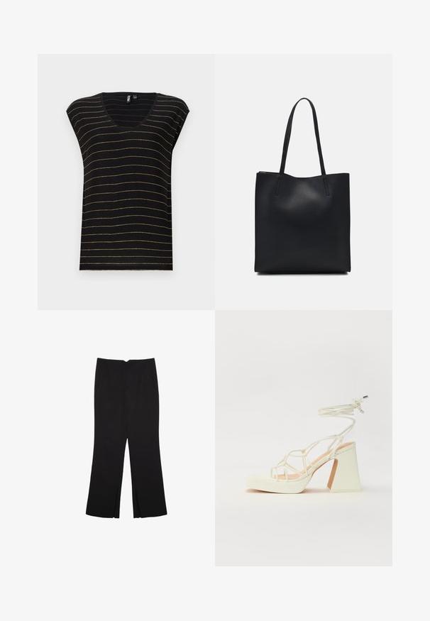 Čierne tričko s gold horizontálnymi pruhmi, s výstrihom do V, s krátkymi rukávmi a mäkkou textúrou. Navrhnuté s voľným strihom a bežným štýlom.; Čierne nohavice so strihom rovného strihu, s prednými vreckami a bočnými rozparkami na leme. Vyrobené z mäkkej, hladkej tkaniny. Vhodné na rôzne príležitosti.; Biele sandále na vysokom opätku s hrubým podpätkom, s pruhovaným dizajnom a viazaním na členku. Hladký povrch s platformou vpredu pre zvýšenú výšku.; Čierna kožená taška na rameno s hladkým povrchom, obdĺžnikovým tvarom a dvoma dlhými uchami. Bez viditeľného kovania alebo ozdôb.