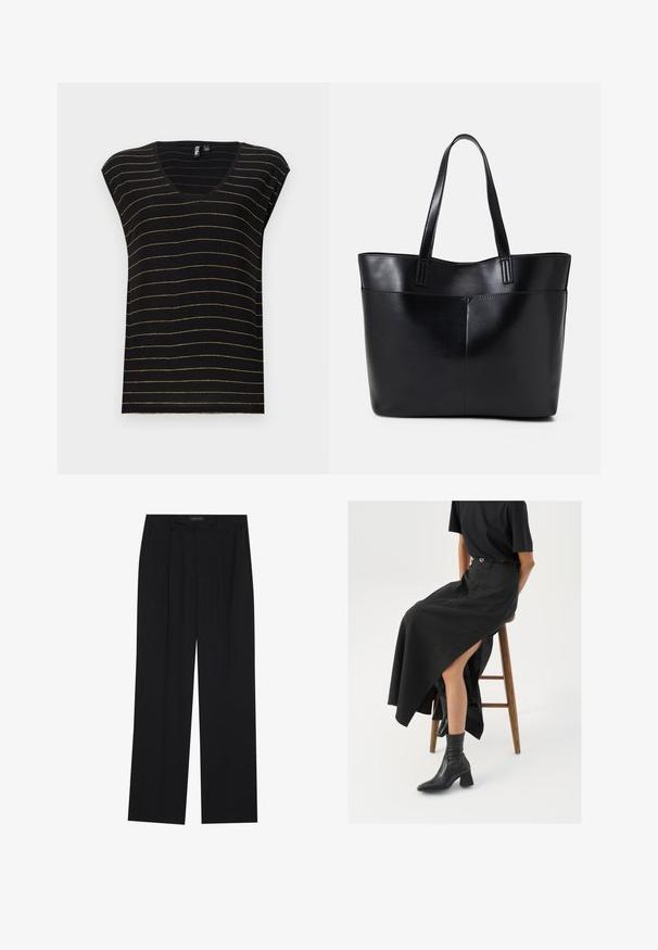 Melna T-kreklu ar zeltainām horizontālām svītrām, V-veida kakla izgriezumu, kapu piedurknēm un mīkstu tekstūru. Izstrādāts ar brīvu piegriezumu un ikdienišķu stilu.; Melni bikses ar taisnu kāju dizainu, kurām ir divi priekšējie kabatas un jostasvieta. Izgatavotas no gludas, vieglas auduma.; Melna lina maxi svārki ar augstu šķēlumu, valkāti ar melnu T-kreklu un melniem potīšu zābakiem. Minimālistisks dizains ar brīvu piegriezumu.; Melnas ādas iepirkumu soma ar divām garām rokturām, gludu tekstūru un strukturētu formu. Iekļauj priekšējo kabatu papildu uzglabāšanai.
