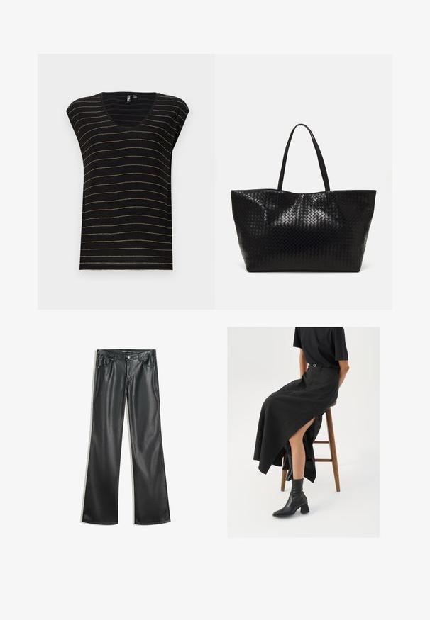 Černé tričko s zlatými vodorovnými pruhy, výstřihem do V, krátkými rukávy a měkkou texturou. Navrženo v uvolněném střihu a neformálním stylu.; Černé kalhoty z umělé kůže s rozšířenými nohavicemi a hladkou texturou, pět kapsami, předním zipem a kontrastním prošíváním.; Černá maxi sukně z lnu s vysokým rozparkem, nošená s černým tričkem a černými kotníkovými botami. Minimalistický design s volným střihem.; Černá tkaná taška přes rameno s dvěma pevným uchy, má lesklou texturu a prostorný otevřený vrch.