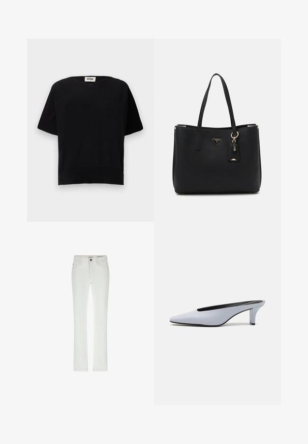 DRYKORN SOMELI - Jednoduché tričko - black; Bílé džíny s úzkým střihem, designem se 5 kapsami a kontrastním šitím. Obsahují zapínání na knoflík a subtílní značkovou etiketu na pase.; Světle modrý lakovaný kožený mule s špičatou špičkou, nízkým transparentním podpatkem a štíhlým designem s výřezem na nártu.; Černá taška přes rameno vyrobená z texturovaného syntetického materiálu, s dvojitými uchy, zlatým logem a malou visačkou s akcentem.