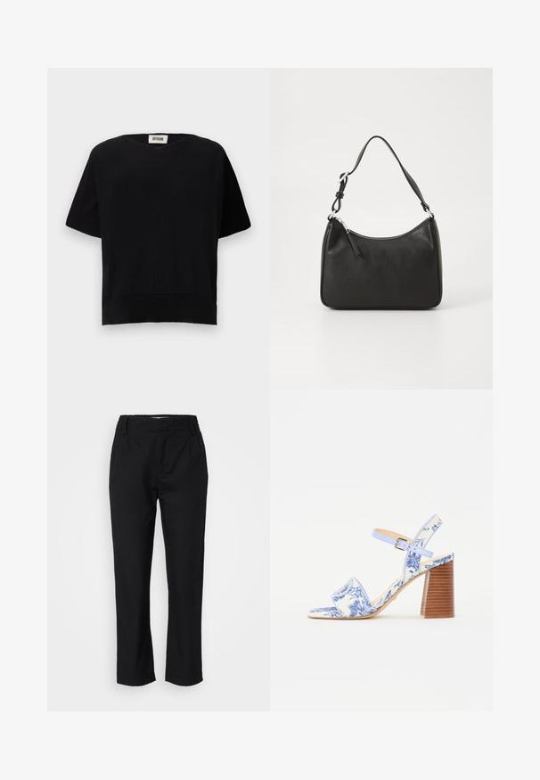 DRYKORN SOMELI - Tricou basic - black; Pantaloni negri dintr-un material fin, cu croi drept, plisuri frontale și un tiv elastic pentru confort. Fără accesorii vizibile.; Sandale cu imprimeu floral albastru, cu vârf pătrat, o curea lată și o curea ajustabilă la gleznă, având un toc bloc din lemn texturat.; Geantă de mână din piele neagră, cu o formă curbată, curea unică, închidere cu fermoar și un branding subtil pe față. Textură fină, design minimalist.