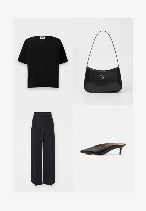 DRYKORN SOMELI - T-shirt basic - black; Zwarte wijde broek van zachte stof. Voorzien van een ceintuur en plooien aan de voorkant. Glad textuur met een strakke, hedendaagse stijl.; Zwarte leren muiltjes met een puntige neus en een lage, blokhak. Glad oppervlak met een gestroomlijnd ontwerp. Open achterkant met minimale details.; Zwarte lakleren schoudertas met een gebogen vorm, voorzien van een zilveren driehoeklogo en een ritssluiting. Gladde textuur en slanke schouderband.