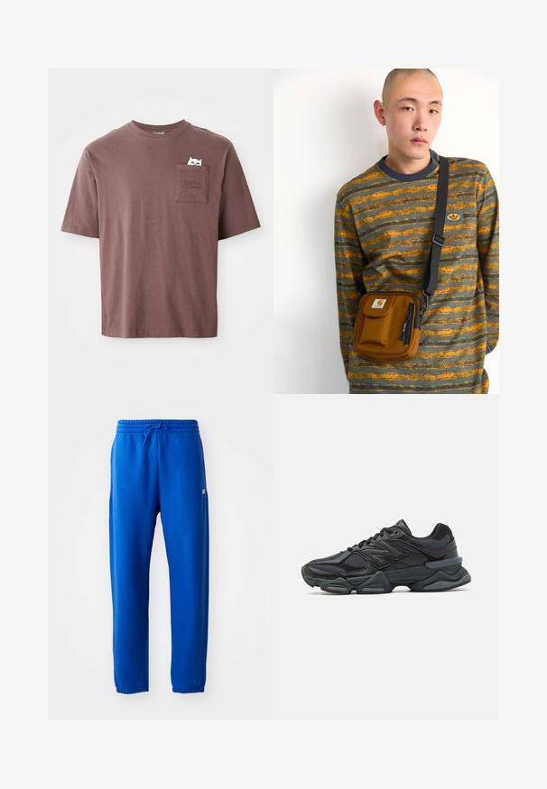 Braunes Baumwoll-T-Shirt mit kurzen Ärmeln. Mit einer Brusttasche, die ein Grafik eines katzenartigen Tieres zeigt, das herauslugt, und dem Wort "PUMA", das auf die Tasche geprägt ist.; Blaue Sweatpants aus weichem Stoff, mit einem elastischen Bund und Kordelzug, schmal zulaufenden Beinen und einem kleinen Logodetail an der Seite.; Schwarzer Laufschuh mit einer Mischung aus Mesh- und sinthetischen Materialien, dicke Sohle, geschwungenes Design und auffälliger Markenkennzeichnung an der Seite.; Braune Stoff-Crossbody-Tasche mit Reißverschluss und Fronttasche; getragen über einem gestreiften Langarmshirt in Grau und Orange mit Logo-Patch.