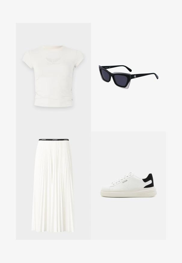 White fitted t-shirt with short sleeves, featuring a textured "Guess Originals" logo with wings at the chest. Made of soft fabric.; Pleated white skirt with a black elastic waistband featuring the "LACOSTE" logo. Mid-length design with soft texture.; White leather sneakers with a thick white sole, black suede heel accent, and embossed logo on the side. Laced design with six eyelets.; Black oversized sunglasses with a geometric shape, featuring dark lenses and a contrasting grey detail on the frame. Logo on the arm.