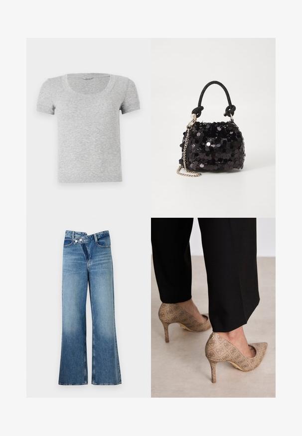 Pelēka īsām piedurknēm T-kreklu ar noapaļotu kakla izgriezumu, izgatavots no mīkstas, teksturētas auduma. Tam ir standarta piegriezums un vienkāršas šūšanas detaļas.; Gai zils džinsu auduma bikses ar platām kājām un augstu vidukli, kurām ir divi pogas un priekšējās kabatas. Audumam ir izbalējusi tekstūra ar smalkām variācijām.; Bežīgas augstpapēžu kurpes ar teksturētu audumu, kas rotāts ar atkārtotu rakstu. Norādītā pirksta dizains ar aizmugurējo akcentu un zelta papēža detaļām.; Melna spīguļota mini rokas soma ar mezglotu teksturētu siksniņu un sudraba ķēdi. Apaļa forma ar sakopotām malām un atstarojumu detaļām.