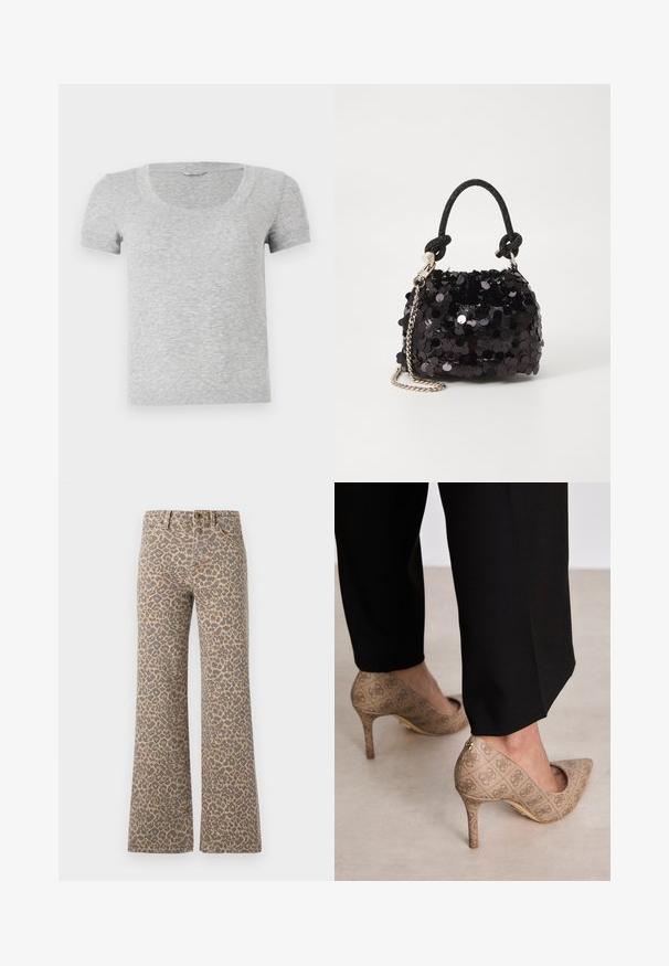 Grijze T-shirt met korte mouwen en een ronde hals, gemaakt van zachte, gemêleerde stof. Heeft een standaard pasvorm en eenvoudige stiksels.; Leopardprint flare jeans met een tan basis en zwarte vlekken, klassiek vijf-vakken ontwerp en metalen knoopsluiting bij de tailleband.; Beige hoge hakken met een gestructureerde stof met een herhalend patroon. Puntige neusontwerp met een achteraccent en gouden hakdetail.; Zwarte pailletten mini handtas met een geknoopte textuurriem en zilveren ketting. Rondvormig met een geplooide bovenkant en reflecterende details.