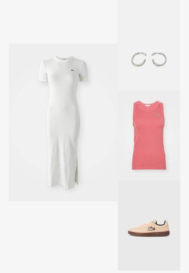 Canotta rosa a coste con scollatura rotonda e design senza maniche. Presenta un piccolo logo verde Lacoste sul petto.; Abito midi bianco a coste con maniche corte, scollo a giro e spacco laterale. Presenta un piccolo logo verde sul petto. Tessuto liscio e aderente.; Lacoste BASESHOT - Sneakers basse - beige; Orecchini a cerchio in argento con un design liscio e arrotondato e una finitura lucida e elegante. Presentano una forma minimalista con una leggera apertura.