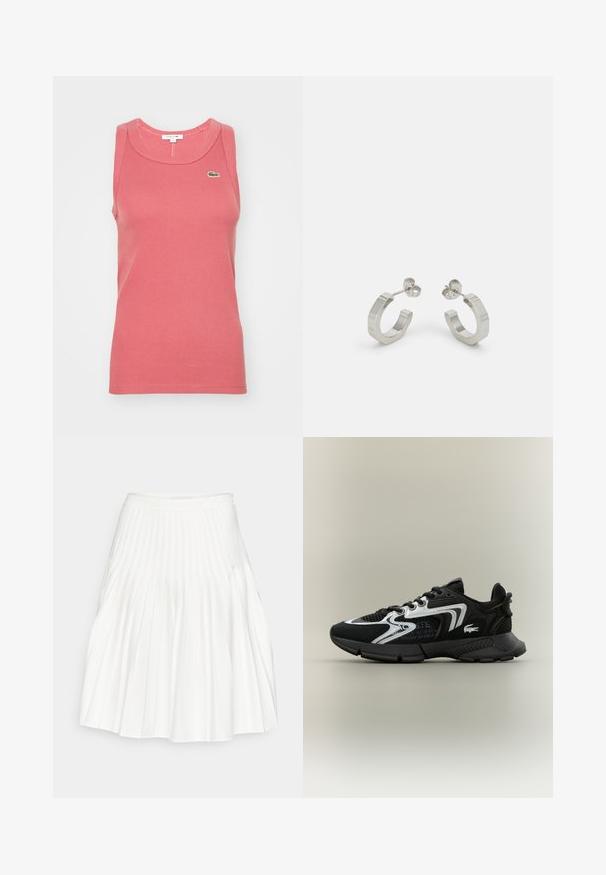 Rózsaszín bordázott ujjatlan top, kerek nyakkivágással. Az elején egy kis zöld Lacoste logó található.; Fehér, pletykázott szoknya sima derékkal, folyékony anyaggal, és függőleges redőkkel, amelyek textúrát és teltséget adnak.; Fekete sportcipők hálós betétekkel, ezüst díszítésekkel és textúrált fekete borítással. Fűzővel és ívelt, masszív talppal rendelkezik.; Ezüst fém karika fülbevalók textúrált dizájnnal, kisméretű tűs záródással, és az egyik karikán márkajelzéssel. Lekerekített forma, fényes felülettel.