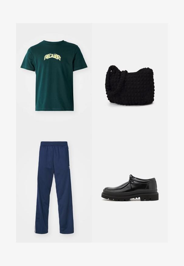 Donkergroen katoenen t-shirt met een ronde hals en korte mouwen. Bevat een gele grafische print op de borst. Gladde textuur.; Navyblauwe sportbroek met een elastische tailleband, voorzien van witte zijkanten en een logo accent op de linker dij.; Zwarte leren derby schoenen met een strak ontwerp, ronde neus en een getextureerde rubberen zool met diepe groeven voor grip.; Zwarte stoffen tas met een gestructureerd, gewatteerd patroon. Rondvormig, korte, dikke handvatten en een zachte, flexibele structuur.