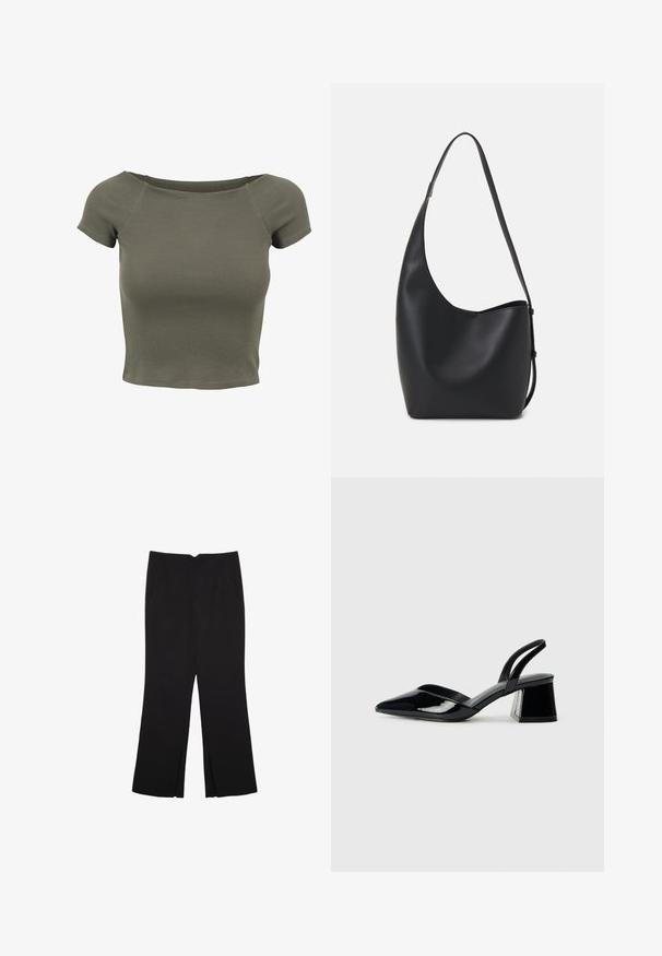 Kratka majica s kratkimi rokavi v olivno zeleni rebrasti tkanini. Ima širok ovratnik in prilegajoč silhueto za tesno prileganje. Minimalističen dizajn.; Črne hlače ravnega kroja z naglavnimi žepi in stranskimi razporki na robu. Narejene iz mehke, gladke tkanine. Primerne za različne priložnosti.; Črne lakirane slingback pete s koničastim nosom in geometrijsko blokasto peto. Imajo eleganten, minimalističen dizajn in gladko teksturo.; Črna usnjena hobo torba z gladko teksturo, ukrivljeno obliko in eno nastavljivo naramnico; ima širok odprtina na vrhu.