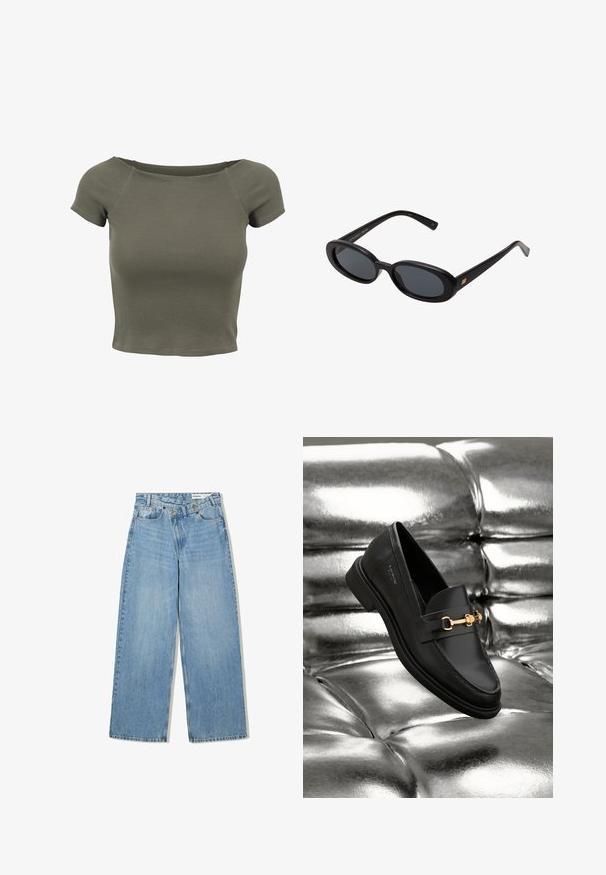 Krátky rukáv, skrátený top v olivovozelenej rebrovanej látke. Má široký výstrih a priliehavý strih pre tesné sedenie. Minimalistický dizajn.; Svetlomodré široké džínsy vyrobené z denimu, s vysokým pásom, piatimi vreckami, zapínaním na gombík a jemným vyblednutím pre textúru.; Čierne kožené mokasíny so zlatými kovovými detailmi. Obuv má elegantný dizajn a hladký, lesklý povrch.; Čierne oversized slnečné okuliare s oválnymi šošovkami, hladkým plastovým rámom a zlatými akcentmi na straniciach. Tmavé šošovky poskytujú ochranu pred slnkom.; Svetlohnedá kabelka v štýle hobo s jedným širokým popruhom a zakriveným otváraním na vrchu, vystavená na bielom pozadí.