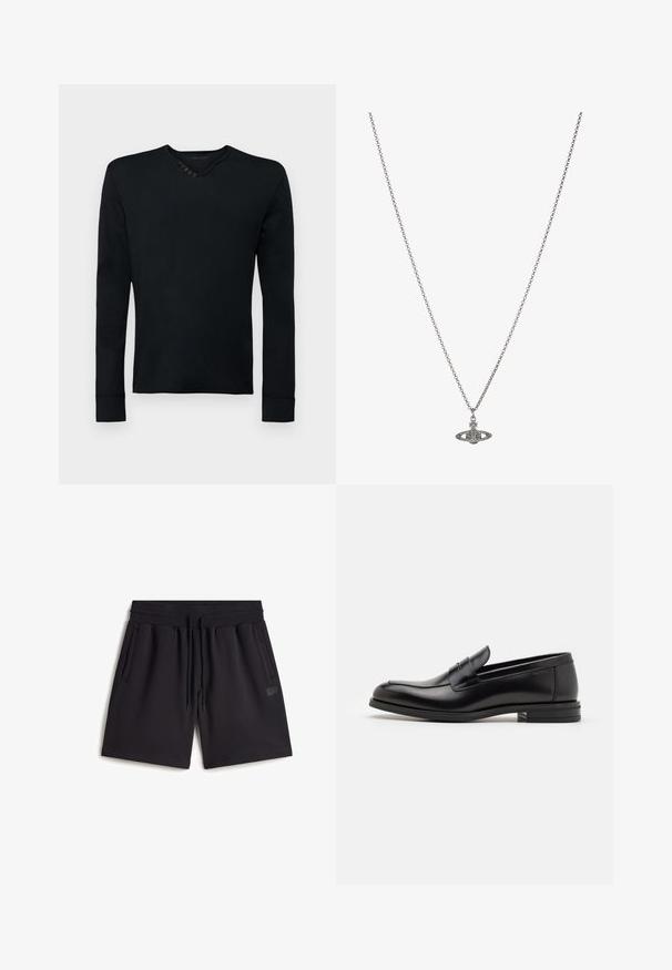 Czarna koszula z długim rękawem wykonana z miękkiego materiału, z okrągłym dekoltem i pięcioma ozdobnymi guzikami na lewym ramieniu oraz prążkowanymi mankietami.; Czarne szorty z dresowej tkaniny wykonane z mieszanki bawełny. Posiadają elastyczny pas z dodatkowym sznurkiem, boczne kieszenie oraz małą naszywkę z logo.; Czarne skórzane mokasyny o gładkiej fakturze, zaokrąglonym nosku i dekoracyjnym pasku na przodzie. Niski, warstwowy obcas, minimalistyczny design.; Srebrny naszyjnik z łańcuchem z ozdobnym wisiorkiem w kształcie planety, zdobionym małymi akcentami i skomplikowanymi wzorami.