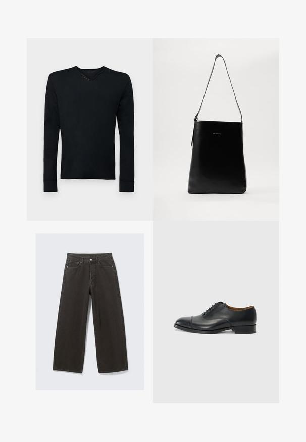 Crna košulja dugih rukava od mekog materijala, s okruglim izrezom i pet dekorativnih dugmadi na lijevoj ramenu te rebrastim manžetama.; Široke crne traperice imaju visok struk, dizajn s pet džepova i zatvaranje na dugme. Tkanina ima mekan, teksturiran završetak.; Crne kožne cipele s glatkom završnom obradom, zaobljenim nosom, pet rupica za vezivanje vezica i niskim blok potplatom. Minimalistički dizajn s suptilnim šavovima.; Crna kožna torba preko ramena s glatkom teksturom, pravokutnim oblikom i dugim remenom; ima mali bijeli logo u sredini.
