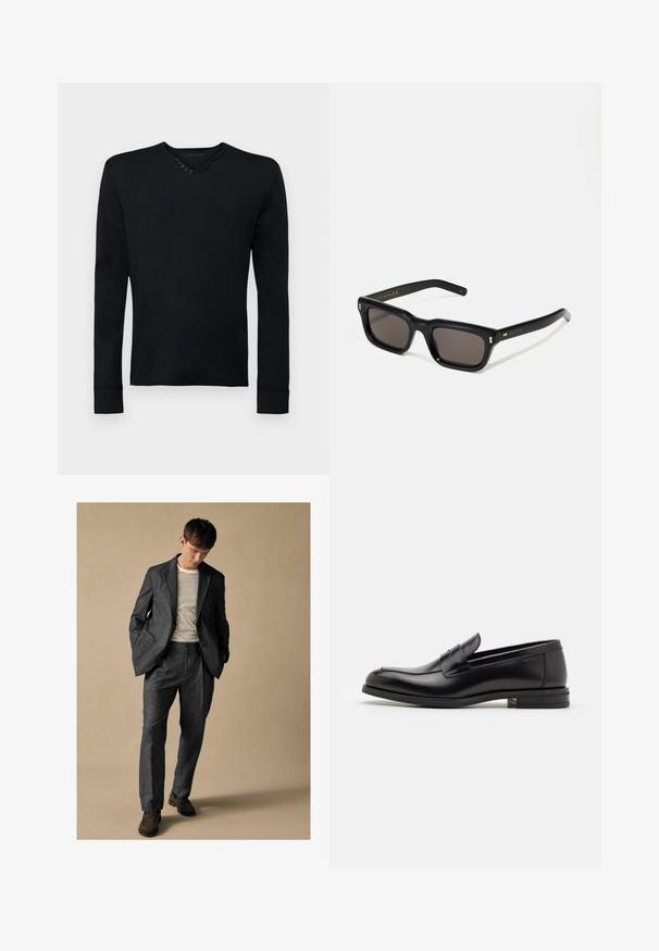 Musta pitkähihaine paita pehmeästä kankaasta, jossa on pyöreä pääntie, vasemmassa olkapäässä viisi koristepainiketta ja ribbutetut hihat.; Harmaa muotopuku, jossa on kaarrettu läppä ja etutaskut, yhdistettynä raidalliseen kauluspaitaan. Housuissa on rento istuvuus ja taitetut yksityiskohdat. Ruskeat kengät.; Mustat nahkakengät, joissa on sileä pinta, pyöreä kärki ja koristeellinen nauha jalkapöydän yli. Matala pinoitu koroke, minimalistinen muotoilu.; Mustat suorakulmaiset aurinkolasit tummilla linsseillä, paksu muovikehys, kultaiset korostukset temppeleissä ja brändin logo kaiverrettuna varteen.