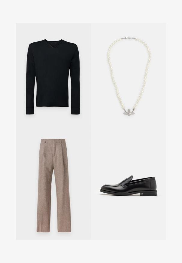 Crna košulja dugih rukava od mekog materijala, s okruglim izrezom i pet dekorativnih dugmadi na lijevoj ramenu te rebrastim manžetama.; Smeđe, hlače viskog struka od teksturiranog materijala. Imaju široke nogavice i dva prednja pregiba za strukturu. Uređen završetak bez vidljivih metalnih dijelova.; Crni kožni mokasini s glatkom teksturom, zaobljenim prstima i ukrasnom trakom preko prednjeg dijela. Niski slojeviti potplat, minimalistički dizajn.; Ogrlica od bisera s kopčom od srebrne boje. Ima okrugle bijele bisere i dekorativni središnji dio ukrašen rhinestones kamenčićima.