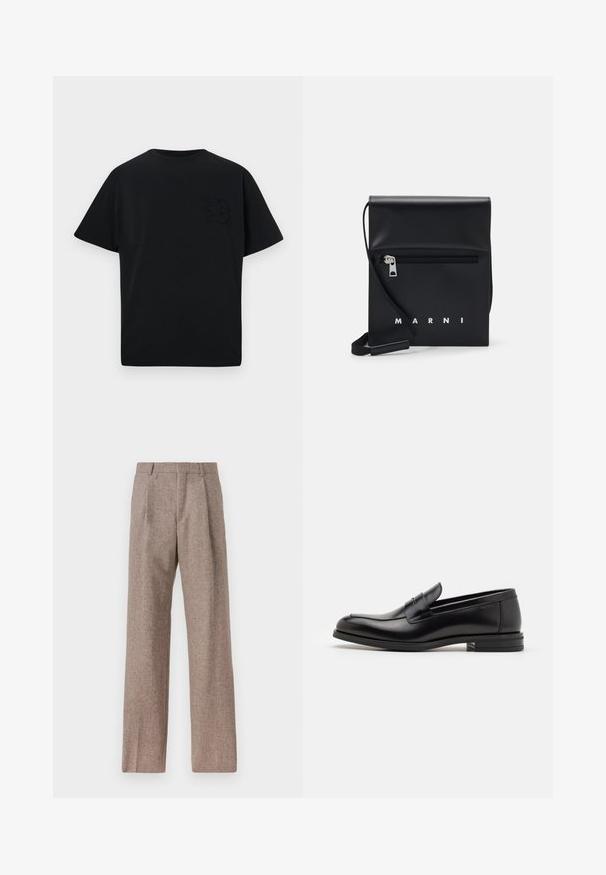 Černé tričko s volným střihem, krátkými rukávy a decentně embosovaným písmenem "B" na levé hrudi. Vyrobeno z hladké bavlněné tkaniny.; Hedvábná košile s mnoha barvami, na které se prolínají různé vzory, včetně květinových a grafických tisků, s černým límcem a dlouhými rukávy.; Hnědé kalhoty s vysokým pasem vyrobené z texturované látky. Mají široké nohavice a dva přední sklady pro strukturu. Úhledné provedení bez viditelné kovových částí.; Černé kožené polobotky s hladkou texturou, zaoblenou špičkou a zdobným páskem přes nárt. Nízký stohovaný podpatek, minimalistický design.; Černá kožená kabelka přes rameno s přední zipovou kapsou, embosovaným logem a nastavitelným popruhem. Hladký povrch s pevnou strukturou.