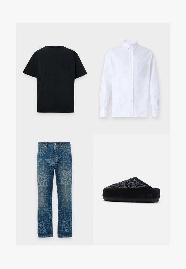 Fekete póló laza szabással, rövid ujjal, és egy diszkrét, domború "B" betűvel a bal mellen. Simogatós pamut anyagból készült.; Fehér, hosszú ujjú, gombos ing pamutból, mellzsebbel, tónusos hímzéssel, gallérral és gombos mandzsettával.; Közép kék mosású farmernadrág, amely bonyolult világoskék mintákkal rendelkezik, egyenes szárú kivitel, klasszikus öt zsebes stílus és gombos záródás.; Fekete velúr slip-on cipő hímzett mintával, kerek orral, vastag talppal és a sarokban a "MOON BOOT" felirattal. Texturált felszín.