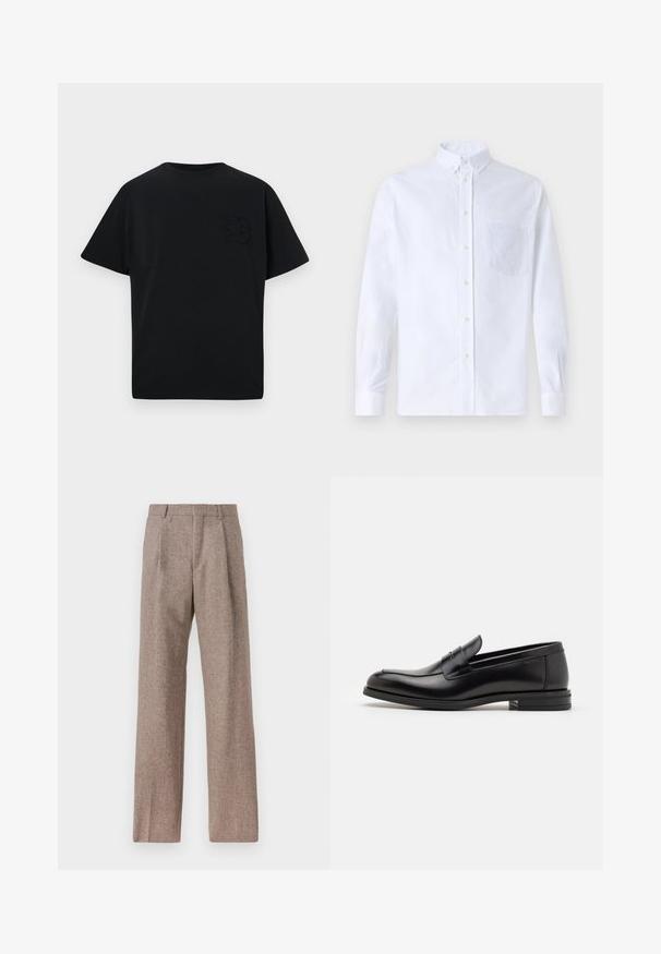 Tricou negru cu o croială lejeră, mâneci scurte și o literă „B” subtile embosată pe pieptul stâng. Fabricat dintr-un material din bumbac neted.; Cămașă albă cu mânecă lungă, din bumbac, prevăzută cu un buzunar pe piept cu broderie tonală, guler și manșete cu buton.; Pantaloni bej, cu talie înaltă, dintr-un material texturat. Prezintă picioare late și două pliseuri frontale pentru structură. Finisaj îngrijit, fără accesorii vizibile.; Mocasini din piele neagră cu o textură netedă, vârf rotund și o curea decorativă peste partea superioară. Toc mic, design minimalist.
