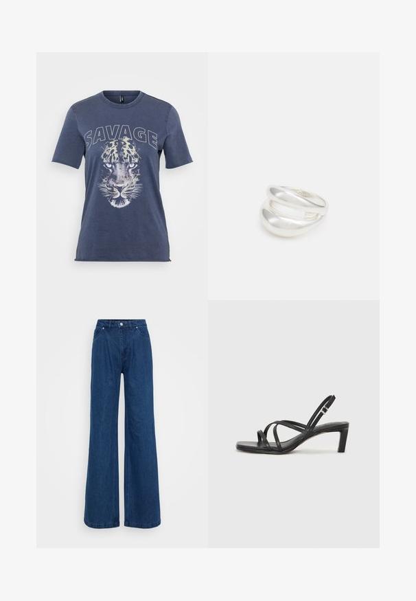 Camiseta de algodón azul con un gráfico de un leopardo y el texto "SAVAGE". Diseño de manga corta y cuello redondo con un ajuste relajado.; Pantalones vaqueros de mezclilla azul de pierna ancha con cintura alta, cierre frontal de botón y cremallera, y bolsillos delanteros y traseros sobre un fondo liso.; Sandalia negra de tiras con punta cuadrada y tacón bajo de bloque. Presenta múltiples tiras delgadas y una correa ajustable en el tobillo. Fabricada en cuero suave.; Anillo de plata de doble banda con una superficie lisa y pulida. Presenta un diseño fluido y curvado con secciones superpuestas para un aspecto moderno.