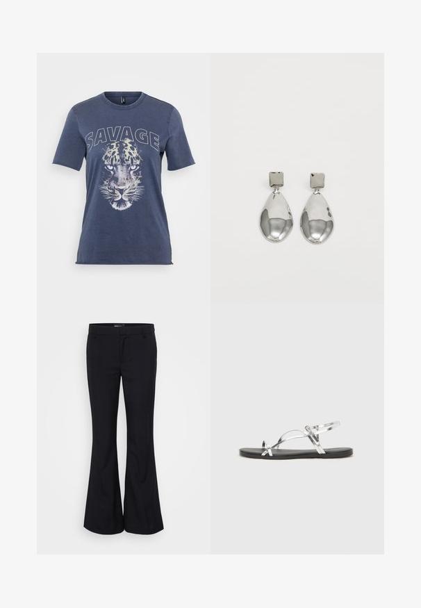 Mėlynas medvilninis marškinėlis su leopardų grafika ir užrašu "SAVAGE". Trumpomis rankovėmis ir apvaliu kaklu, su laisvesniu kirpimu.; Gina Tricot Tall RELAXED TROUSERS - Kelnės - black; Sidabriniai metaliniai sandalai su minimalistiniu dizainu, turintys plonas dirželius ir juodą plokščią padą. Išskirtinai pabrėžiami kryžminiai dirželių akcentai.; Sidabriniai lašo formos auskarai su kvadrato formos auskaru, turintys lygų, poliruotą paviršių ir ašarėlės formą, atsispindintys šviesoje su blizgiu paviršiumi.