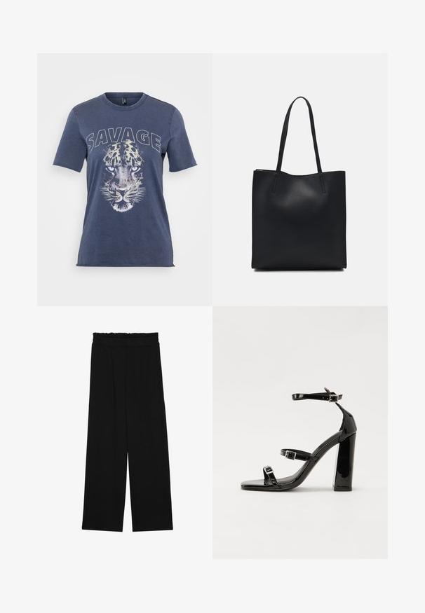Mėlynas medvilninis marškinėlis su leopardų grafika ir užrašu "SAVAGE". Trumpomis rankovėmis ir apvaliu kaklu, su laisvesniu kirpimu.; Juodi platūs kelnes su volaniniu juosmeniu, turinčiu dvi šonines kišenes ir glotnią, lengvą medžiagą. Nėra matomų raštų ar detalių.; Juoda blizgi lakuota basutė su kvadratiniu pirštu, kulkšnies dirželiais ir sidabro sagtimis. Yra tvirta blokinė kulno konstrukcija, užtikrinanti stabilumą.; Juodas odinis tote krepšys su lygia tekstūra, stačiakampio formos ir dviem ilgais rankenomis. Matomų metalinių detalių ar puošybos nėra.