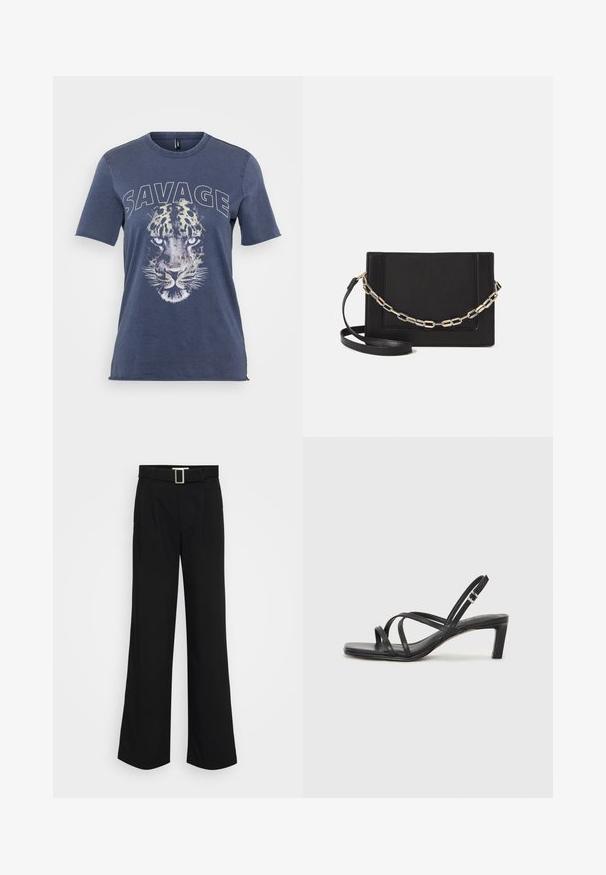 Blue cotton t-shirt featuring a leopard graphic and "SAVAGE" text. Short sleeves and a crew neck design with a relaxed fit.; Black wide-leg trousers made of lightweight fabric, featuring a smooth texture, front pleats, and a belt with a square metal buckle.; Black strappy sandal with a square toe and a low block heel. Features multiple thin straps and an adjustable ankle strap. Made of smooth leather.; Black leather crossbody bag featuring a smooth texture, rectangular shape, and a metallic chain detail on the front. Adjustable strap included.