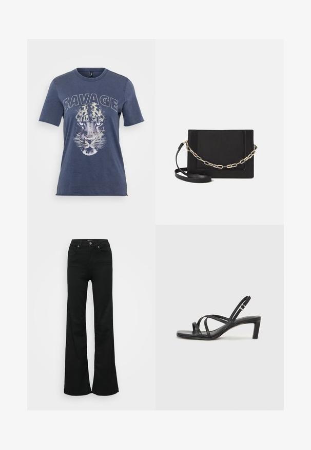 T-shirt en coton bleu avec un graphique de léopard et le texte "SAVAGE". Manches courtes et col rond avec une coupe décontractée.; Jean noir évasé en denim, doté d'une taille haute, de cinq poches et d'une fermeture à bouton en métal. Texture lisse avec un minimum de détails.; Sandale noire à lanières avec un bout carré et un petit talon bloc. Elle présente plusieurs fines lanières et une sangle de cheville ajustable. Fabriquée en cuir lisse.; Sac bandoulière en cuir noir avec une texture lisse, de forme rectangulaire et un détail en chaîne métallique à l'avant. Sangle réglable incluse.