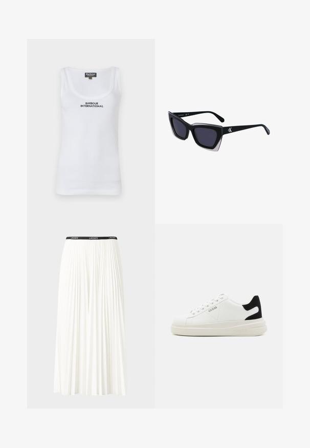 Valge puuvillane kampsun, millel on ümara kaeluse disain, millel on musta värvi "BARBOUR INTERNATIONAL" tikand. Sile tekstuur, ilma varrukateta disain.; Kurtitudega valge seelik musta elastse vööga, millel on "LACOSTE" logo. Keskmise pikkusega disain pehme tekstuuriga.; Valged nahast tennisetossud paksu valge tallaga, musta sametist kontsakeeuga ja külje peal riigilogo reljeefne kujundus. Lukkeskeem kuue silmaauguga.; Mustad suured mustad prillid geomeetrilise kujuga, tumedate läätsedega ja kontrastse halli detailiga raamidel. Logo käe peal.