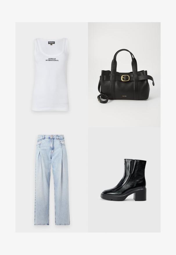 White cotton tank top with a scoop neck, featuring "BARBOUR INTERNATIONAL" embroidered in black. Smooth texture, sleeveless design.; Light blue denim jeans with a high waist, wide-leg cut, two side pockets, and pleated design feature. Soft texture with a faded finish.; Black patent leather ankle boots with a curved toe, elastic side panels, and a chunky block heel. Features embossed logo on the back.; Black leather handbag featuring a structured design, dual top handles, gold-tone buckle accent, and embossed brand logo at the front.