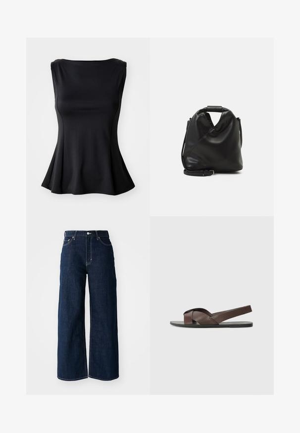 Μαύρη αμάνικη μπλούζα κατασκευασμένη από λείο υλικό, με εφαρμοστή κορυφή που ανοίγει προς το στρίφωμα, στρογγυλή λαιμόκοψη και χωρίς ορατές ραφές.; Φαρδιά τζιν παντελόνια σκούρου μπλε χρώματος με αντίθετη ραφή, σχέδιο πέντε τσεπών και κουμπί κλεισίματος στη μέση.; Καφέ δερμάτινη σαγιονάρα με σχέδιο διασταυρούμενων λωρίδων, επίπεδη μαύρη σόλα και ρυθμιζόμενη λωρίδα πίσω. Λείο υλικό και ελάχιστες λεπτομέρειες μεταλλικών αξεσουάρ.; Μαύρη, μαλακή δερμάτινη τσάντα με μοναδικό ελικοειδή σχεδίαση. Διαθέτει κοντή λαβή και αποσπώμενος ιμάντας ώμου. Μινιμαλιστικός στυλ.