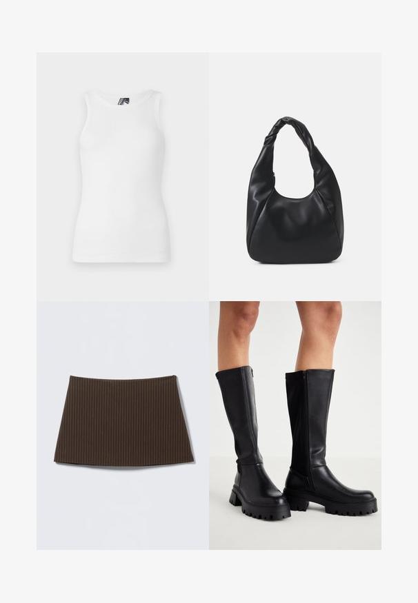 Balts ribots krekliņš ar apaļu kakla izgriezumu un bez piedurknēm, izgatavots no maiga kokvilnas maisījuma ar piegulošu siluetu.; Brūns svītrainu rakstu svārki ar pieguļošu dizainu, gludu tekstūru un izplestu apakšu, ideāli piemēroti piegrieztam izskatam.; Melnas augstas zābaki, kas izgatavoti no gludas mākslīgās ādas ar biezu zolīti, sānu rāvējslēdzēju un noapaļotu purngalu dizainu.; Melnā hobo soma, kas izgatavota no gludas ādas līdzīga materiāla, ar savītu rokturi, ar mīkstu, noapaļotu formu un augšējo rāvējslēdzēju.; Divpadsmit auskaru komplekts ar riņķiem sudraba un zelta tonī. Ietver vītņotus, gludus un teksturētus dizainus ar dažādiem izmēriem un apdares veidiem.