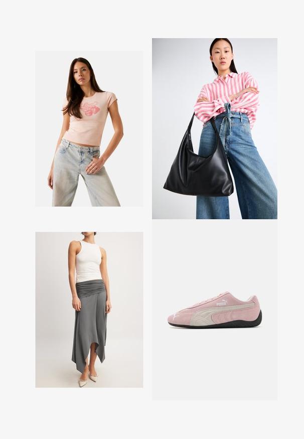 Camiseta ajustada de color rosa claro con mangas cortas y cuello redondo, que presenta un gráfico de fresa en rojo. Combinada con jeans de mezclilla azul claro.; Top sin mangas de color blanco combinado con una falda gris fluida que tiene una cintura fruncida y un dobladillo asimétrico. La modelo lleva puestos zapatos de tacón beige.; Zapatilla de ante rosa con acentos en gris, diseño aerodinámico, parte superior texturizada y suela de goma negra. Presenta el logo de Puma en el lateral.; Bolso de hombro de cuero negro con forma relajada y detalles de costura. La modelo lleva una camisa a rayas rosas y blancas con jeans de pierna ancha azules.