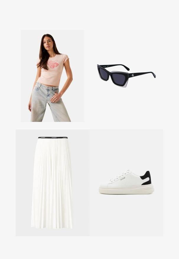 Svijetlopinkasta majica prilagođenog kroja s kratkim rukavima i okruglim izrezom, s grafikom jagode u crvenoj boji. Uparena s svijetloplavim trapericama.; Nabrana bijela suknja s crnim elastičnim pojasom na kojem se nalazi logo "LACOSTE". Srednje dugačak dizajn s mekim teksturom.; Bijele kožne tenisice s debelim bijelim potplatom, crnim zamšastim akcentom na peti i ugraviranim logom sa strane. Dizajn s vezicama i šest rupa za vezivanje.; Crne oversize sunčane naočale geometrijskog oblika, s tamnim staklima i kontrastnom sivom dekoracijom na okviru. Logo na dršci.