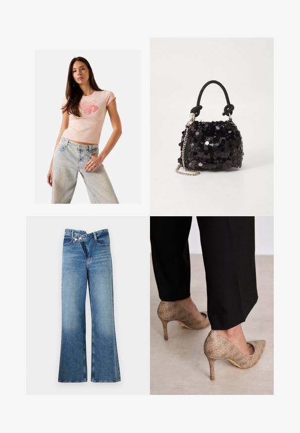 Lichtroze getailleerd T-shirt met korte mouwen en een ronde halslijn, featuring een aardbei-graphic in het rood. G gedragen met lichtblauwe denim jeans.; Lichtblauwe flared jeans met een hoge taille, voorzien van twee knopen en voorzakken. De stof heeft een vervaagde textuur met subtiele variaties.; Beige hoge hakken met een gestructureerde stof met een herhalend patroon. Puntige neusontwerp met een achteraccent en gouden hakdetail.; Zwarte pailletten mini handtas met een geknoopte textuurriem en zilveren ketting. Rondvormig met een geplooide bovenkant en reflecterende details.